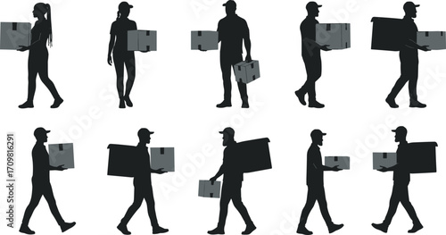 Silhouette workers carrying cardboard boxes walking delivery men women shipping courier service logistics concept transportation teamwork moving packages isolated