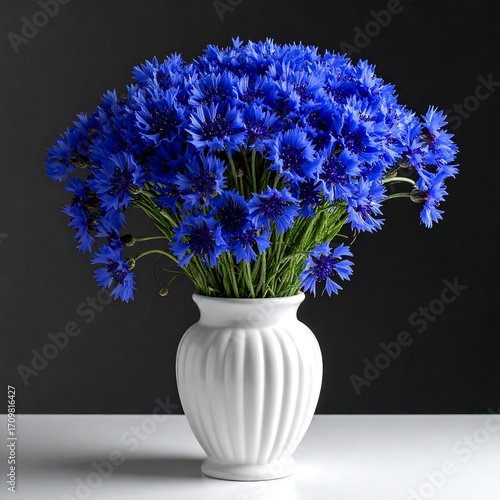 Vibrant blue flowers in a white vase