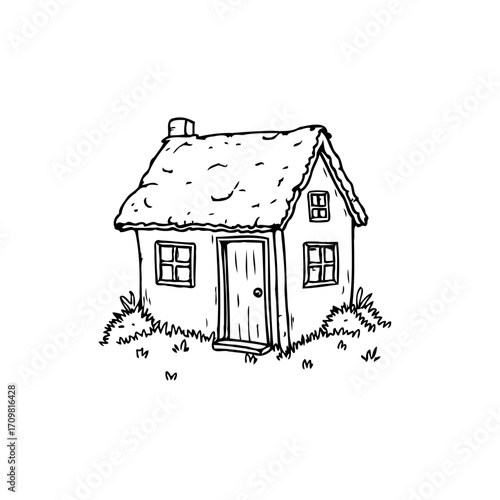 Simple house sketch with chimney, door and windows, surrounded by green grass and leaves isolated