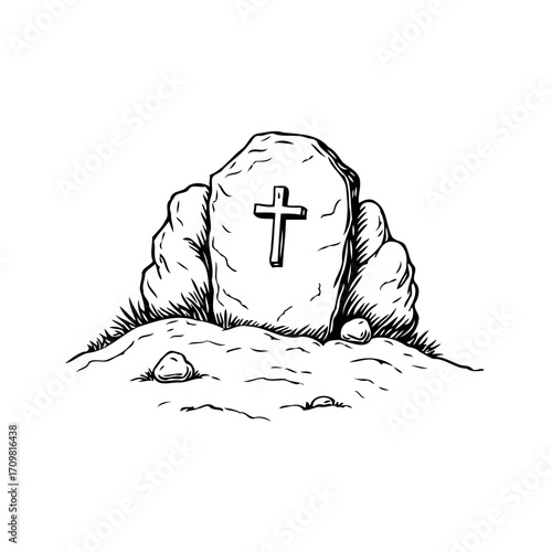 Simple illustration of a weatherworn stone cross memorial on a grassy mound for remembrance