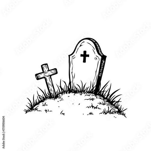 Simple tombstone drawing resting among grass in remembrance and reflection offering tribute and