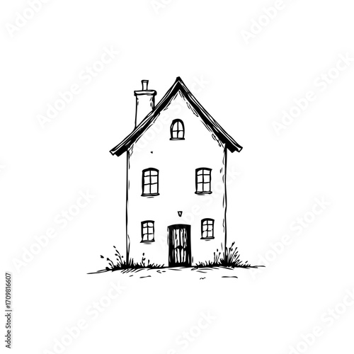Simple sketched house illustration depicting quaint countryside dwelling against a stark white