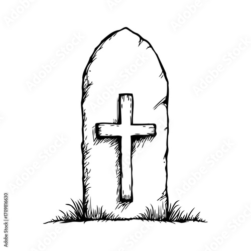 Simple tombstone illustration with cross design evoking somber atmosphere and reflection on