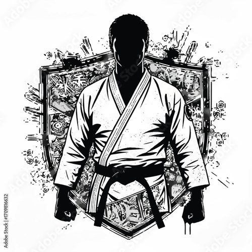 Silhouette of a karate practitioner in a white gi, standing in front of a detailed shield emblem.