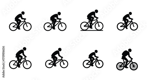 A collection of simple black bicycle silhouettes in varying poses