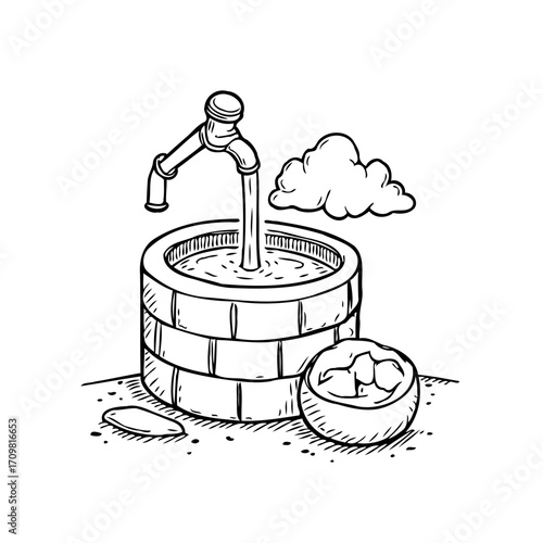 Simple water conservation illustration showcasing a traditional well structure with flowing tap