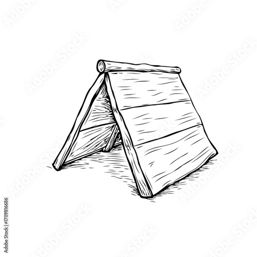 Simple wooden structure drawing depicting primitive shelter construction in detailed black and
