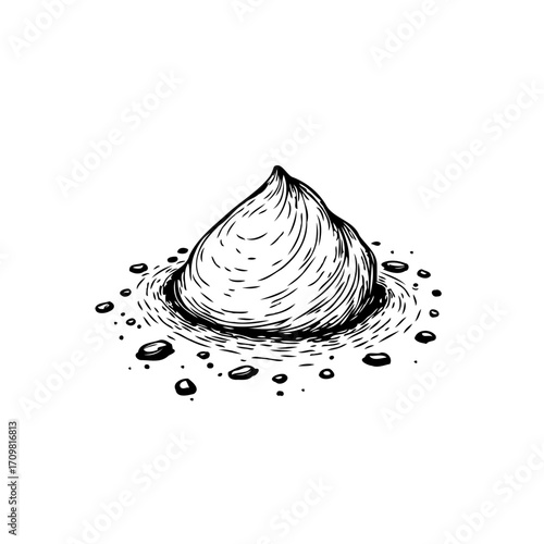 Sketch illustration featuring a conical mound surrounded by droplet particles, depicted through