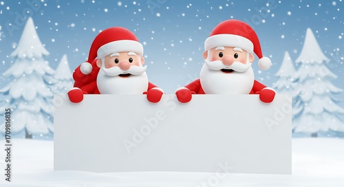 Two cheerful cartoon Santa Claus figures holding a blank white sign in a snowy winter wonderland with pine trees and falling snow.
