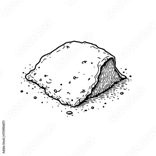 Sketch of a block-shaped substance with varied textures and scattered particles evoking an organic