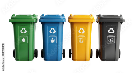labeled trash bins for recycling with iconsTransparent background, PNG file