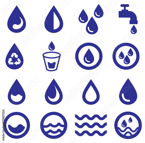 Water conservation vector icon set. Drop, tap, recycle, waves, drinking water symbols. Blue water icons with drop, tap, waves. Vector illustration