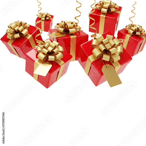Floating Red Gift Boxes with Golden Ribbons: Elegant Holiday Celebration Design