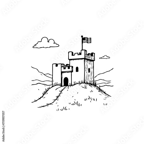 Sketch of a hilltop castle with american flag waving showcasing historical architecture and