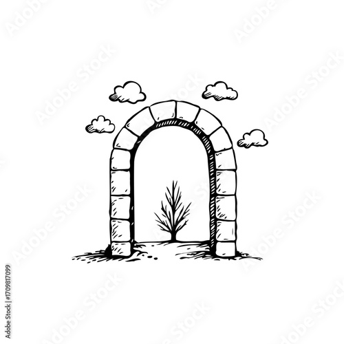 Sketch of a serene landscape featuring a stone archway framing a solitary tree under a cloudy sky