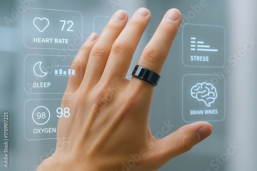 A human hand with a black smart ring interacts with a holographic AR interface with health data such as heart rate, sleep, stress