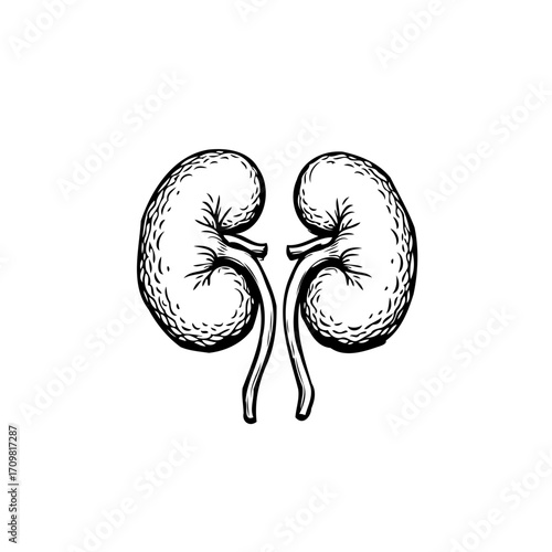 Sketch of human kidneys depicting anatomical structure and medical science focus presented on