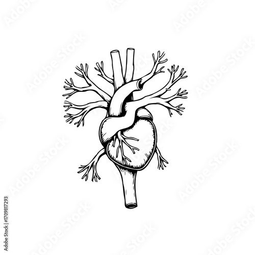 Sketch of Anatomical Heart with Branching Vessels Showcasing a Detailed Vein Structure and Organ