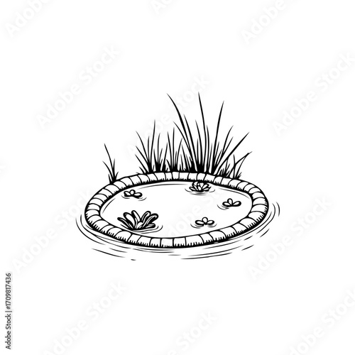Small pond sketch illustration with aquatic plants around the banks enhancing the picturesque