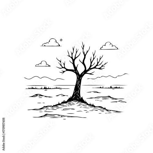 Solitary tree silhouette on desolate landscape, clouds and mountains, a stark representation of