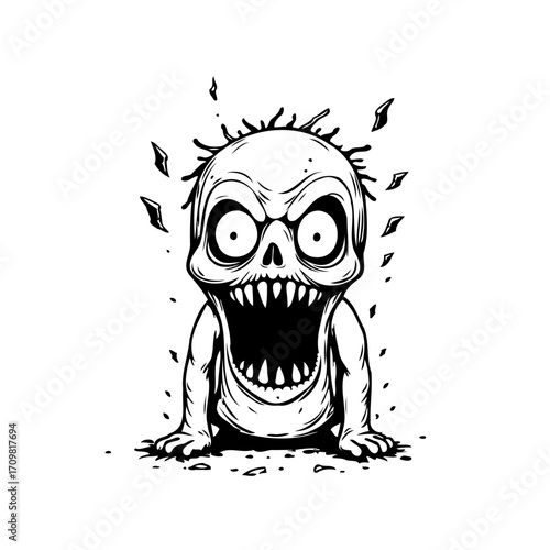 Spooky cartoon baby illustration with jagged teeth and wild hair expressing surprise and fear for