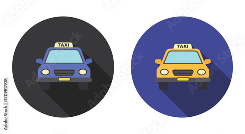 Two stylized taxi icons presented in different color schemes and backgrounds
