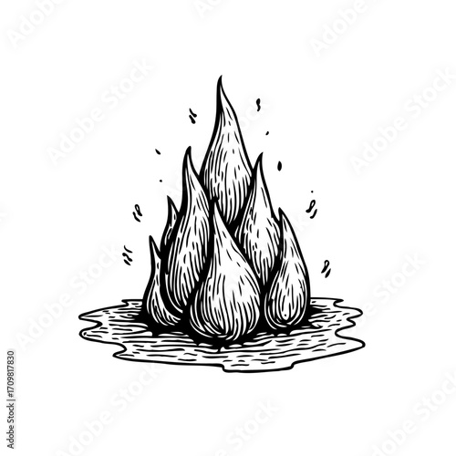 Striking black and white illustration portraying a stylized fire with water drops creating an