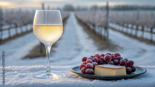 wine and dessert pairing A glass of white wine alongside cheese and grapes in a snowy vineyard setting.