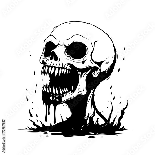Striking monochrome skull illustration with detailed shadows and a dramatically open mouth,