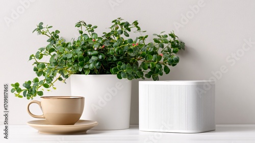 Wallpaper Mural smart home speaker on white desk, minimalist interior, copyspace for text Torontodigital.ca