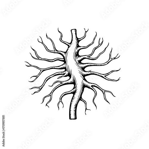 Stylized arboreal representation emphasizing branching complexity and symmetrical form for