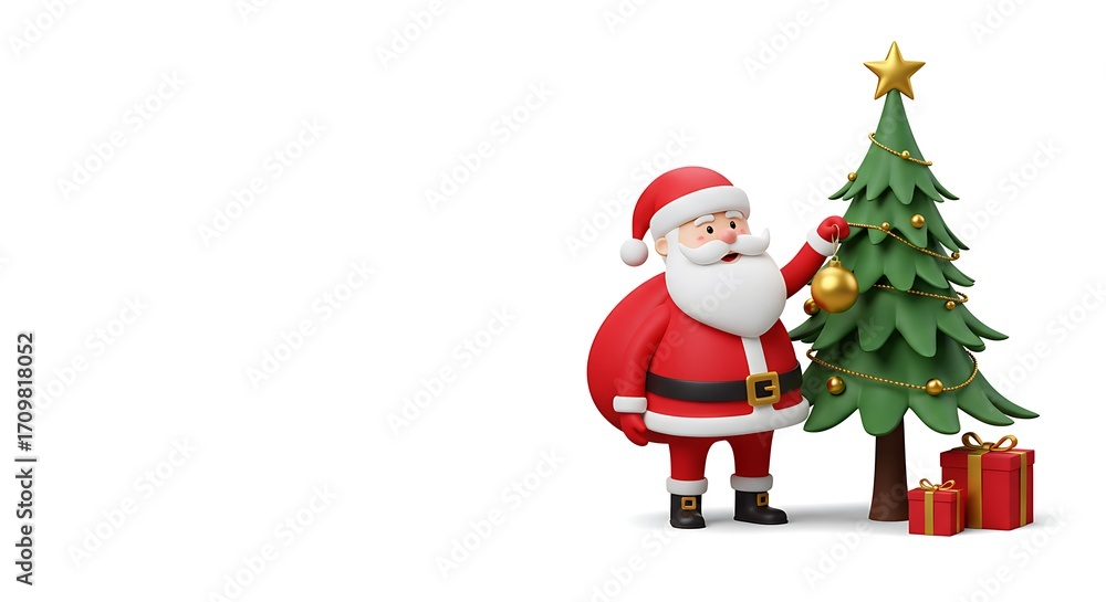 Fototapeta premium 3D cartoon Santa Claus decorating a festive Christmas tree with a golden ornament and gift boxes on a white background.