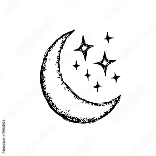 Stylized celestial nightscape illustration featuring a crescent moon and twinkling stars creating