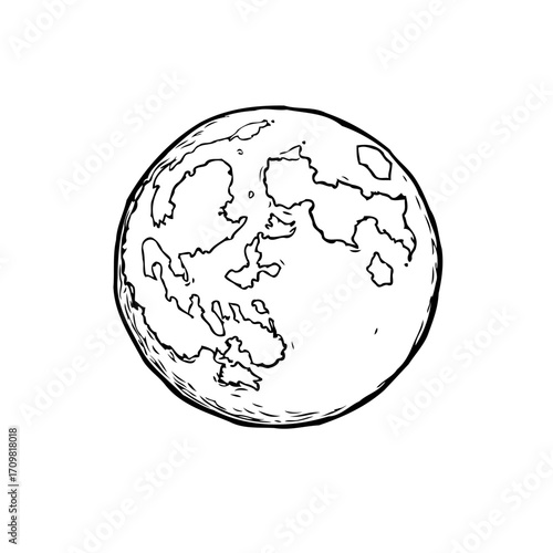 Stylized celestial sphere depiction showcases intricate surface markings in a minimalist black and