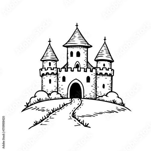 Stylized illustration of a grand castle perched atop a hill with winding pathway fairytale dream