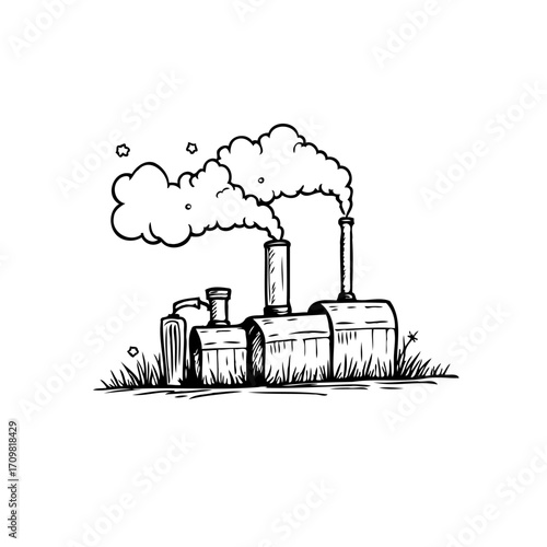 Stylized industrial complex illustration with smoke plumes, evoking an atmosphere of progress and