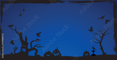 Scary gloomy dark blue halloween background - illustration