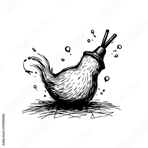 Stylized ink drawing depicting a bizarre object with broom-like bristles surrounded by bubbles and