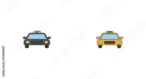 Two simple cartoon taxi icons one black and one yellow isolated