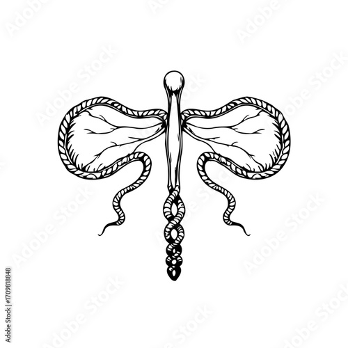 Stylized symmetrical design featuring serpentine elements conveying balance between organic forms