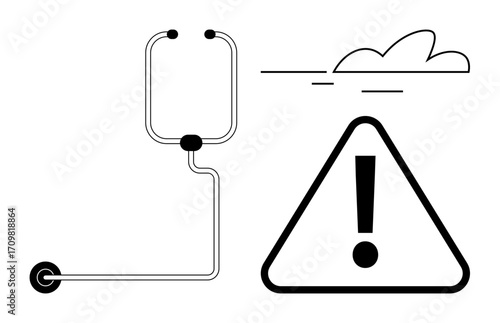 Exclamation mark in triangle represents caution or alert. Adjacent IV bag with tubing suggests healthcare or medical risks. Ideal for health caution, danger, alertness, patient care, risk awareness