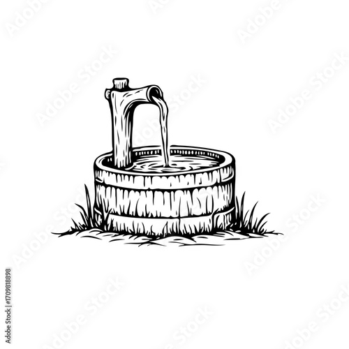 Stylized water source illustration showing refreshing flowing liquid into a wooden bucket with