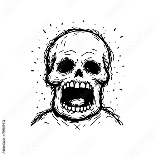 The monochromatic scream a line drawing skeleton head portrait expressing distress on a white