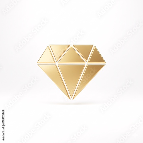 An abstract gold diamond symbol with faceted faces is suspended in the air