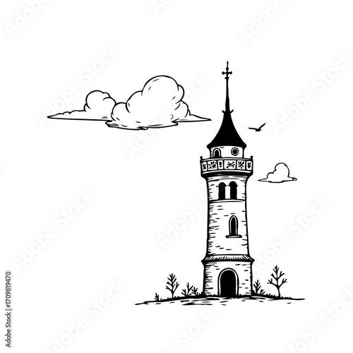 Tower of antiquity standing tall with clouds and bird with hand drawn vector image showing