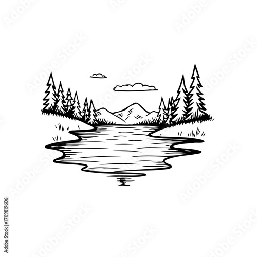 Tranquil waters reflecting majestic peaks and serene pine forest an idyllic natural scene rendered