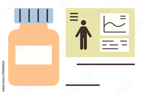 Medicine bottle beside health dashboard with human figure and data chart, showing healthcare analytics. Ideal for themes thumbs up medication, health monitoring, medical research, pharmacy
