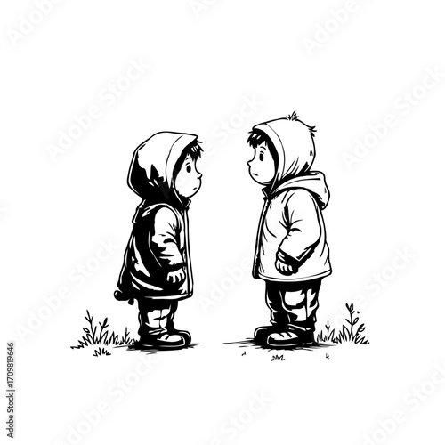 Two hooded children facing each other in an monochrome illustrated scene full of innocence and