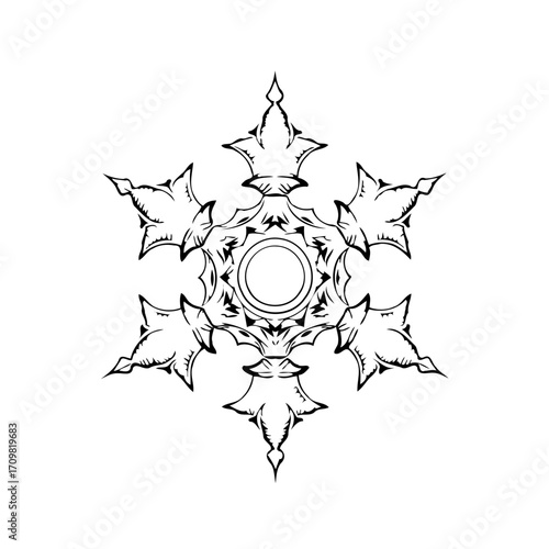 Unique stylized snowflake design with intricate radial symmetry and precise line work perfect for