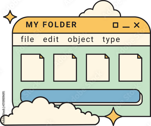 A retrostyle computer folder window illustration with pastel colors clouds and sparkles.